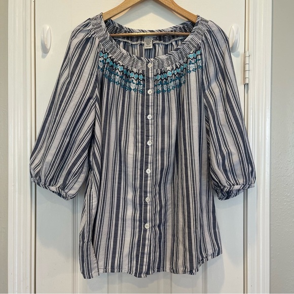 Catherines Button Up Blouse Women’s 2XL Smocked Striped 3/4 Sleeves Embroidered - Picture 1 of 10